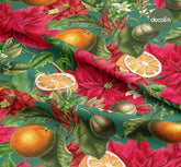 Digitally Printed Christmas Fabric with Red Christmas Flower and Orange Pattern on a Green Background
